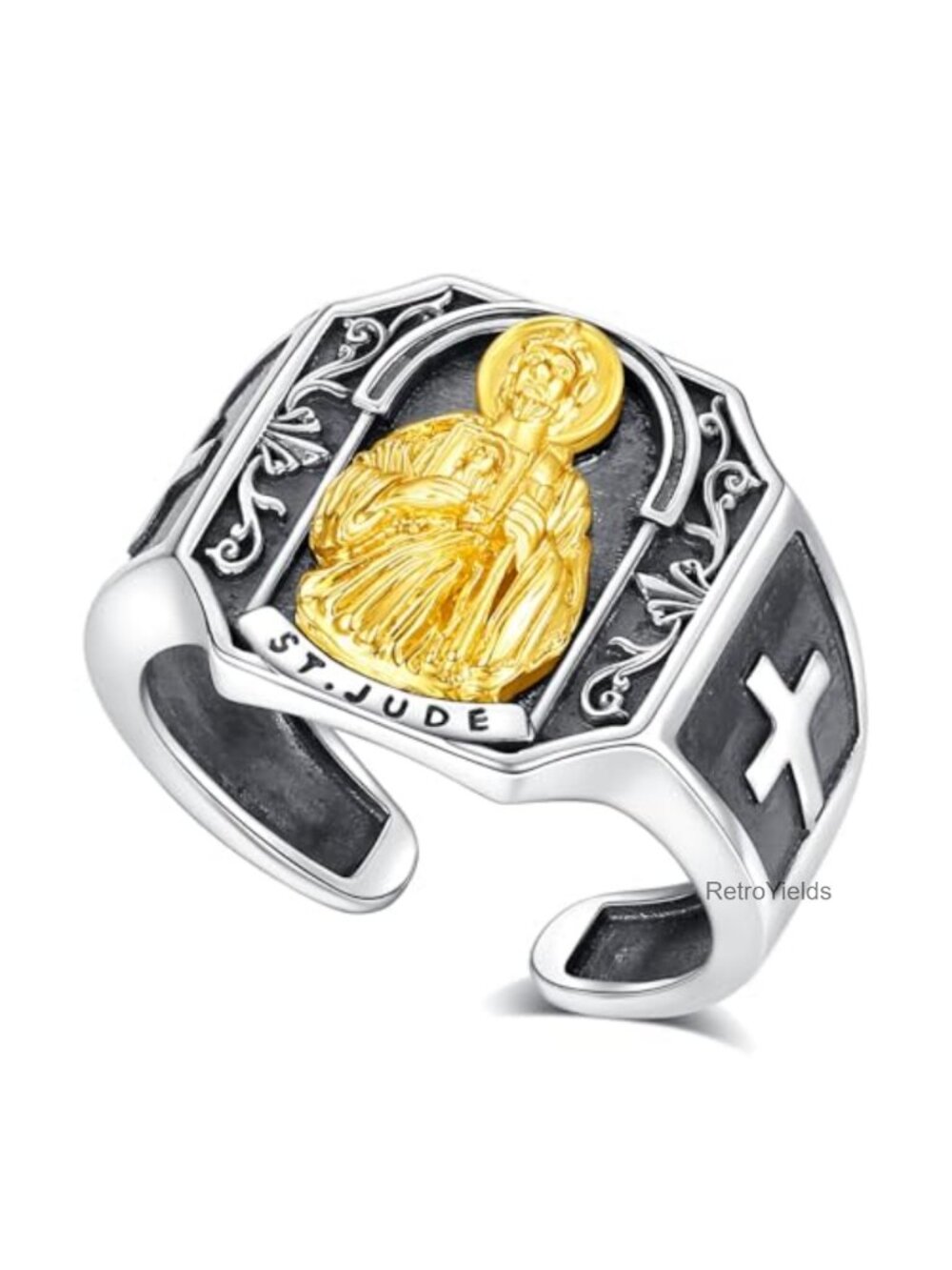 S925 Sterling Silver St Jude Religious Ring for Men Adjustable Open Fit